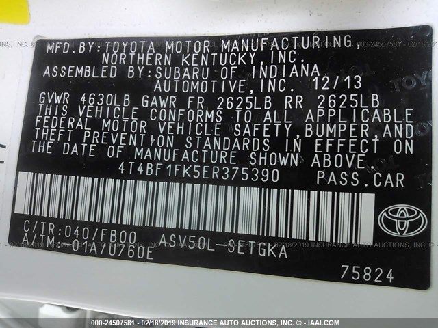 4T4BF1FK5ER375390 - 2014 TOYOTA CAMRY L/SE/LE/XLE 白色 照片 9