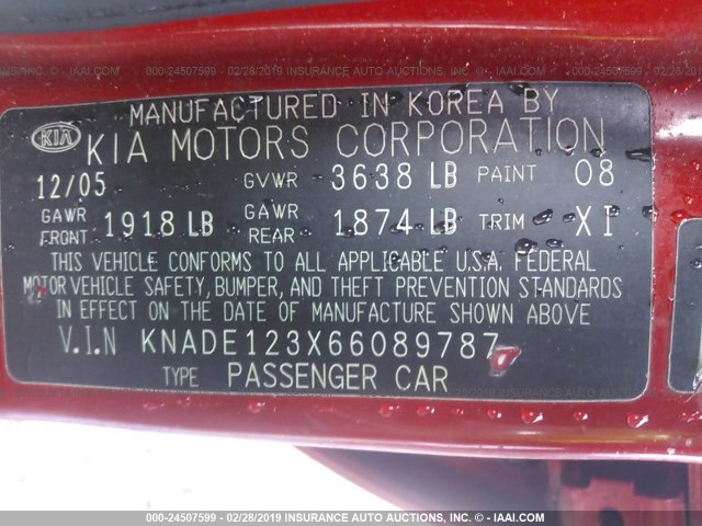 KNADE123X66089787 - 2006 KIA RIO ORANGE photo 9