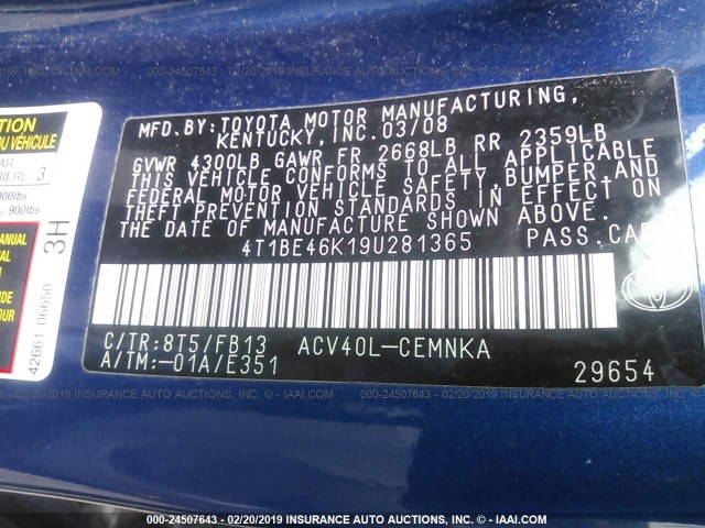 4T1BE46K19U281365 - 2009 TOYOTA CAMRY SE/LE/XLE 蓝色 照片 9