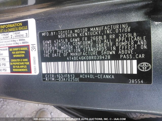 4T4BE46K08R039428 - 2008 TOYOTA CAMRY CE/LE/XLE/SE GRAY photo 9