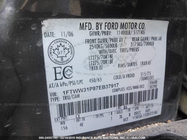 1FTWW31P87EB37917 - 2007 FORD F350 SRW SUPER DUTY GRAY photo 9