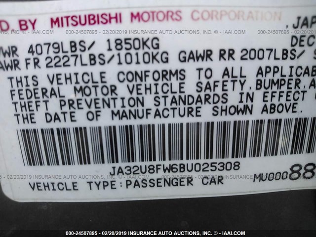 JA32U8FW6BU025308 - 2011 MITSUBISHI LANCER GTS GRAY photo 9