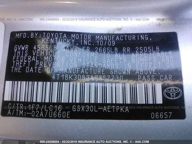 4T1BK3DB3AU357730 - 2010 TOYOTA AVALON XL/XLS/LIMITED SILVER photo 9