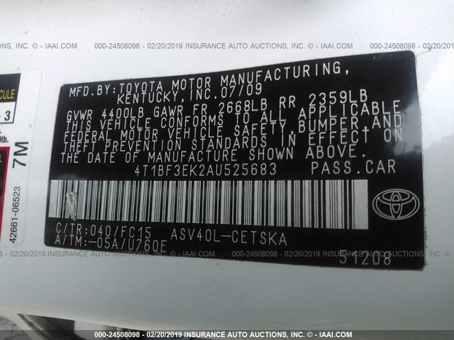 4T1BF3EK2AU525683 - 2010 TOYOTA CAMRY SE/LE/XLE 白色 照片 9