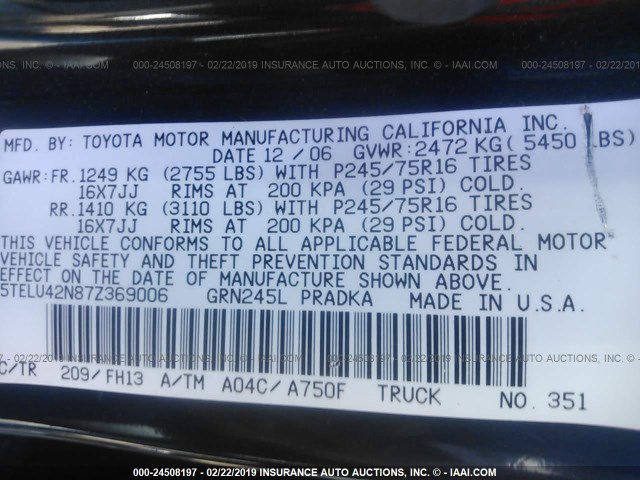 5TELU42N87Z369006 - 2007 TOYOTA TACOMA DOUBLE CAB 黑色 照片 9