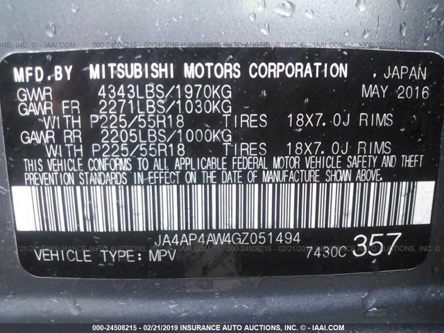 JA4AP4AW4GZ051494 - 2016 MITSUBISHI OUTLANDER SPORT SEL/GT SILVER photo 9