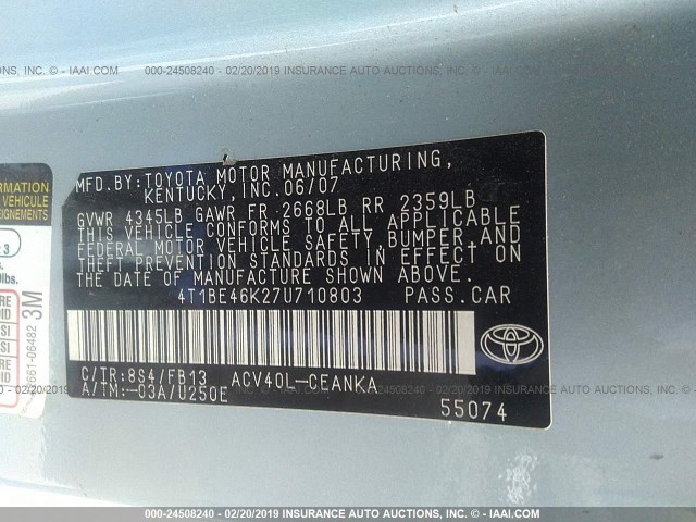 4T1BE46K27U710803 - 2007 TOYOTA CAMRY NEW GENERAT CE/LE/XLE/SE Light Blue photo 9