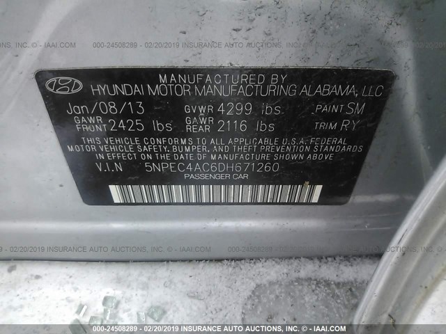 5NPEC4AC6DH671260 - 2013 HYUNDAI SONATA SE/LIMITED SILVER photo 9