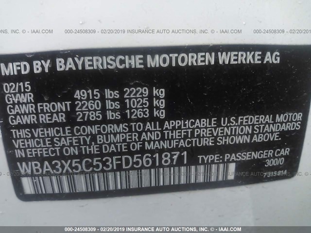 WBA3X5C53FD561871 - 2015 BMW 328 XIGT WHITE photo 9