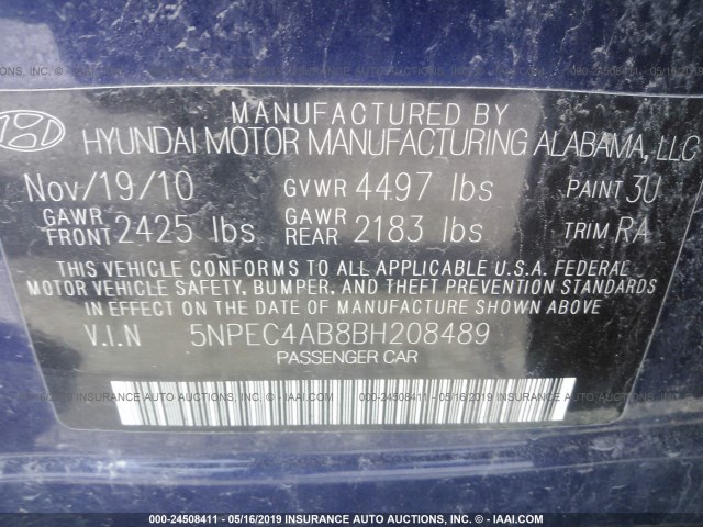 5NPEC4AB8BH208489 - 2011 HYUNDAI SONATA SE/LIMITED BLUE photo 9