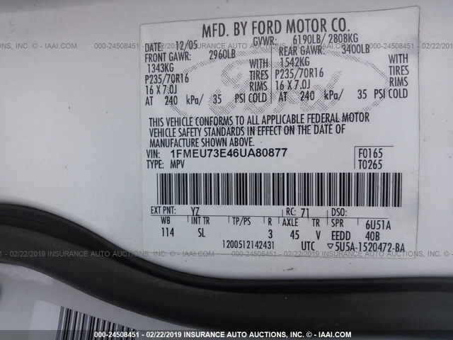 1FMEU73E46UA80877 - 2006 FORD EXPLORER XLT WHITE photo 9