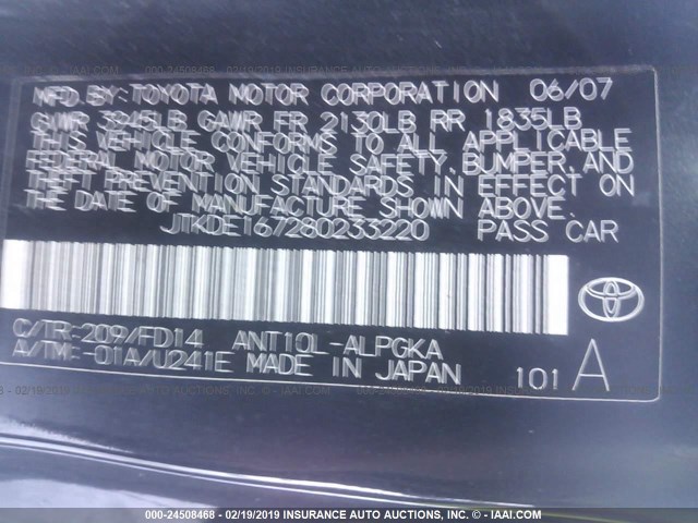 JTKDE167280233220 - 2008 TOYOTA SCION TC BLACK photo 9