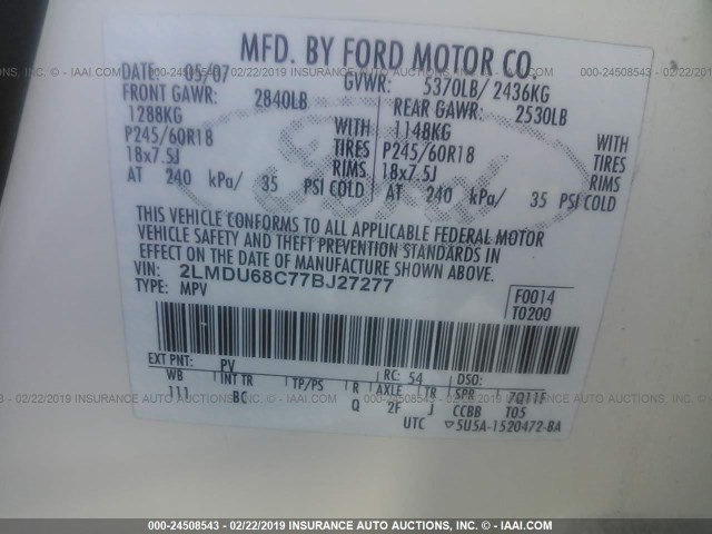 2LMDU68C77BJ27277 - 2007 LINCOLN MKX CREAM photo 9