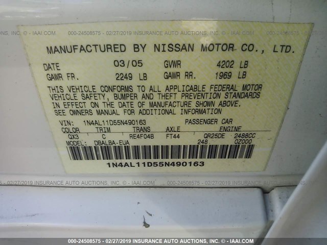 1N4AL11D55N490163 - 2005 NISSAN ALTIMA S/SL WHITE photo 9