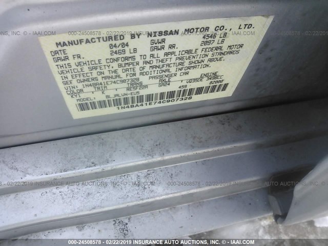 1N4BA41E74C907328 - 2004 NISSAN MAXIMA SE/SL SILVER photo 9