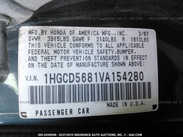 1HGCD5681VA154280 - 1997 HONDA ACCORD VALUE GREEN photo 9