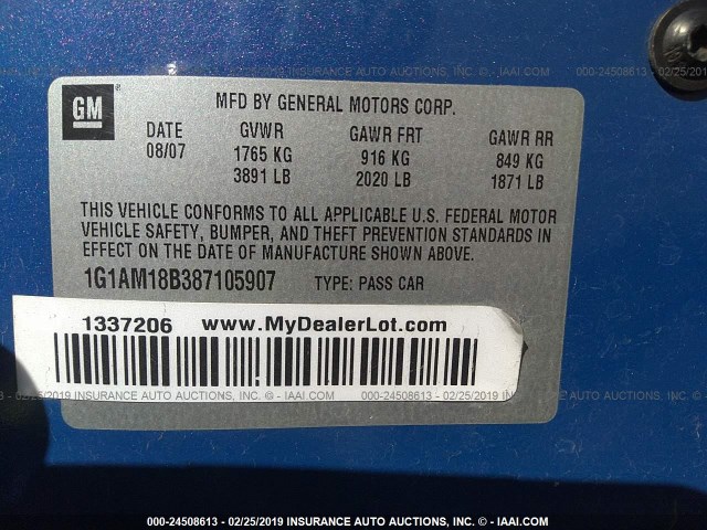 1G1AM18B387105907 - 2008 CHEVROLET COBALT SPORT BLUE photo 9