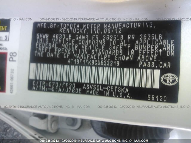 4T1BF1FK8CU623218 - 2012 TOYOTA CAMRY SE/LE/XLE 白色 照片 9