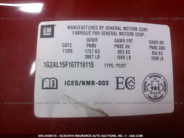 1G2AL15F167719115 - 2006 PONTIAC PURSUIT SE RED photo 9