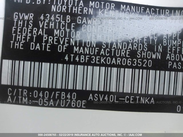 4T4BF3EK0AR063520 - 2010 TOYOTA CAMRY SE/LE/XLE 白色 照片 9