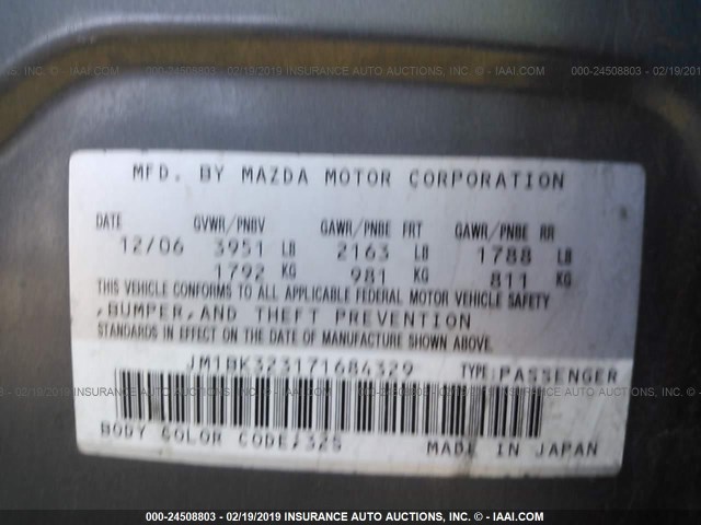 JM1BK323171684329 - 2007 MAZDA 3 S GRAY photo 9