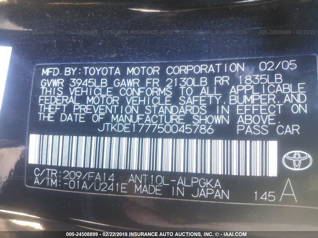 JTKDE177750045786 - 2005 TOYOTA SCION TC BLACK photo 9