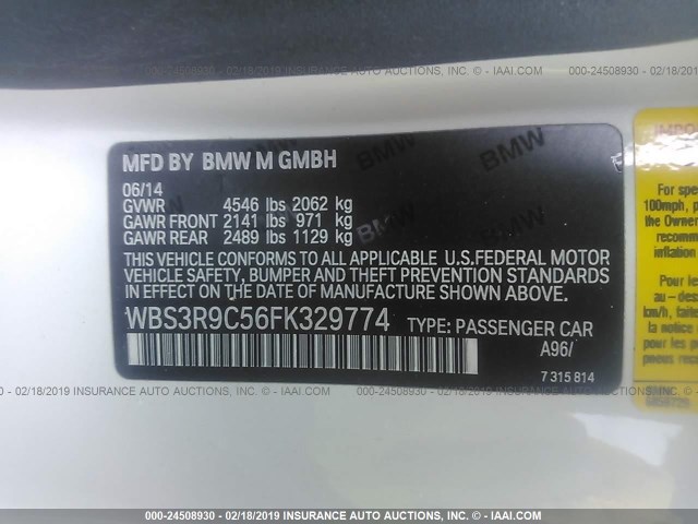 WBS3R9C56FK329774 - 2015 BMW M4 WHITE photo 9