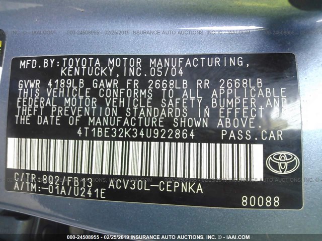 4T1BE32K34U922864 - 2004 TOYOTA CAMRY LE/XLE/SE BLUE photo 9