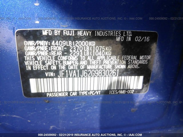 JF1VA1J62G9830261 - 2016 SUBARU WRX LIMITED BLUE photo 9