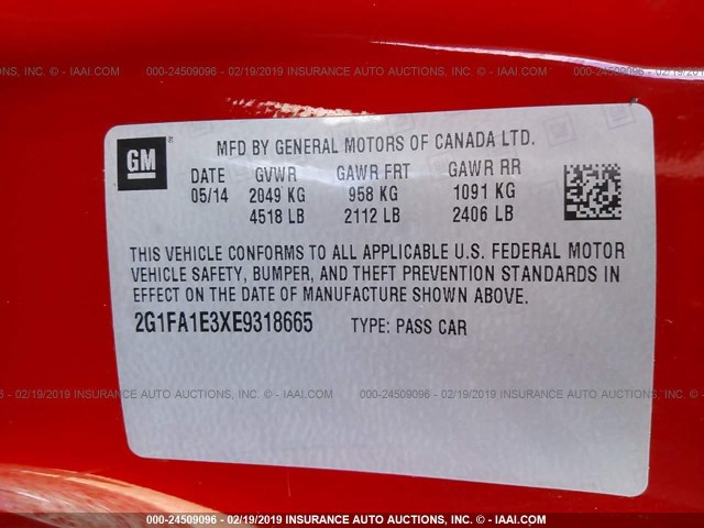 2G1FA1E3XE9318665 - 2014 CHEVROLET CAMARO LS RED photo 9