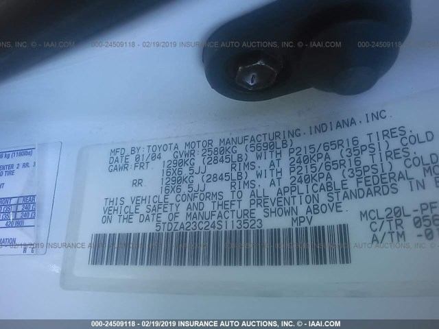 5TDZA23C24S113523 - 2004 TOYOTA SIENNA CE/LE WHITE photo 9