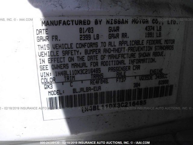 1N4BL11DX3C216485 - 2003 NISSAN ALTIMA SE WHITE photo 9