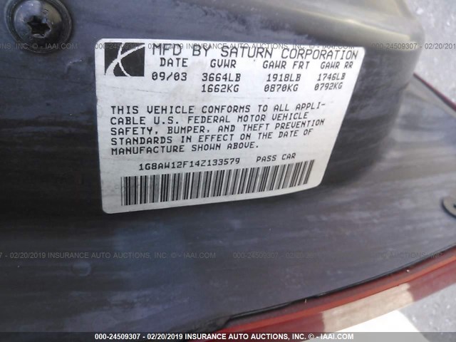 1G8AW12F14Z133579 - 2004 SATURN ION LEVEL 3 RED photo 9