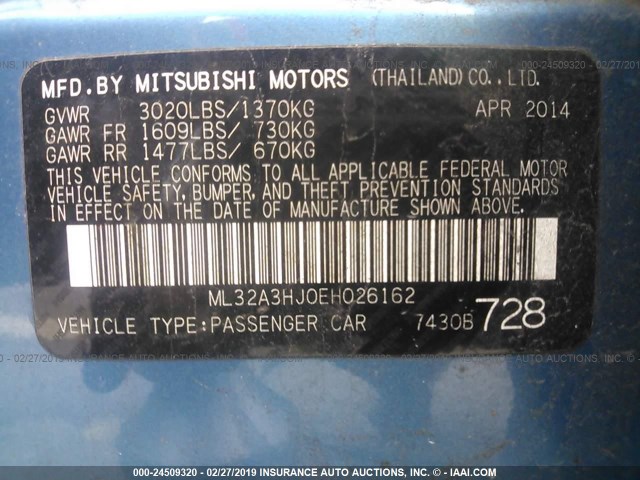 ML32A3HJ0EH026162 - 2014 MITSUBISHI MIRAGE DE BLUE photo 9