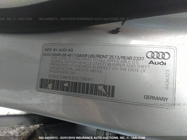 WAULT68E93A219591 - 2003 AUDI A4 3.0 QUATTRO SILVER photo 9