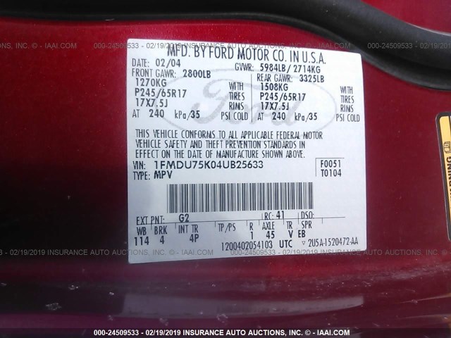 1FMDU75K04UB25633 - 2004 FORD EXPLORER LIMITED RED photo 9