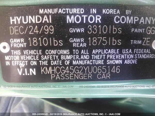 KMHCG45G2YU065146 - 2000 HYUNDAI ACCENT GL GREEN photo 9