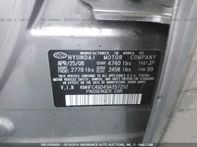 KMHFC46D49A357252 - 2009 HYUNDAI AZERA GLS GRAY photo 9