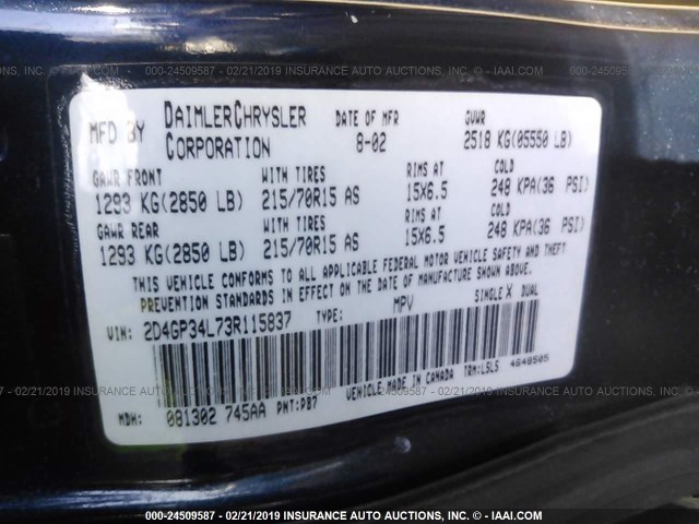 2D4GP34L73R115837 - 2003 DODGE GRAND CARAVAN EL Dark Blue photo 9