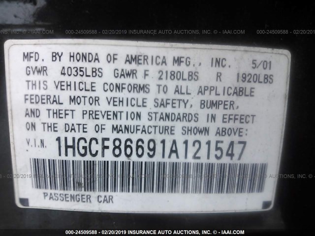 1HGCF86691A121547 - 2001 HONDA ACCORD VALUE GREEN photo 9