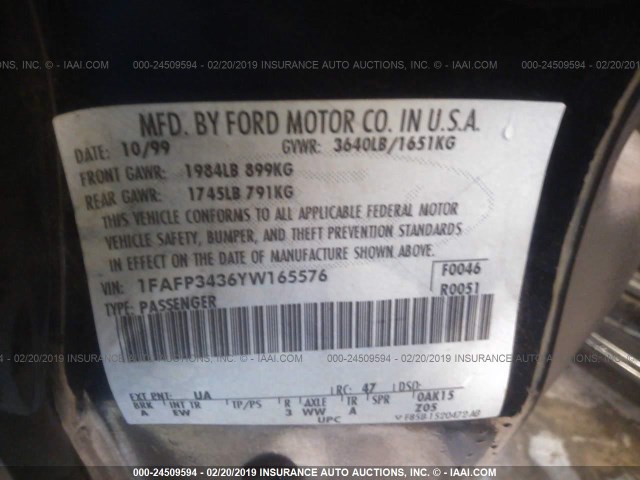 1FAFP3436YW165576 - 2000 FORD FOCUS SE/SE SPORT BLACK photo 9