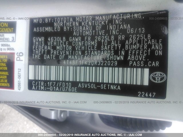 4T4BF1FK2DR322029 - 2013 TOYOTA CAMRY L/SE/LE/XLE Gümüş foto 9