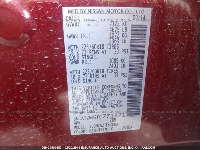 5N1AT2MV2FC771821 - 2015 NISSAN ROGUE S/SL/SV RED photo 9