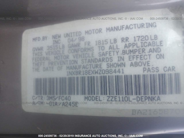 1NXBR18EXWZ098441 - 1998 TOYOTA COROLLA VE/CE/LE TAN photo 9