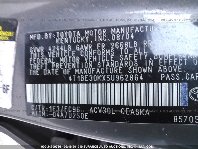 4T1BE30KX5U962864 - 2005 TOYOTA CAMRY LE/XLE/SE GRAY photo 9