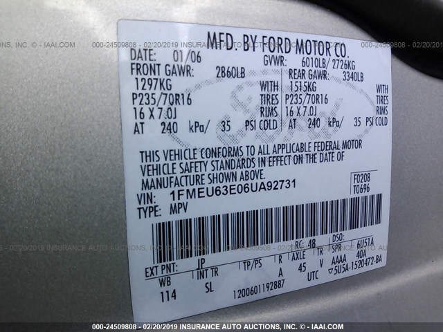 1FMEU63E06UA92731 - 2006 FORD EXPLORER XLT SILVER photo 9