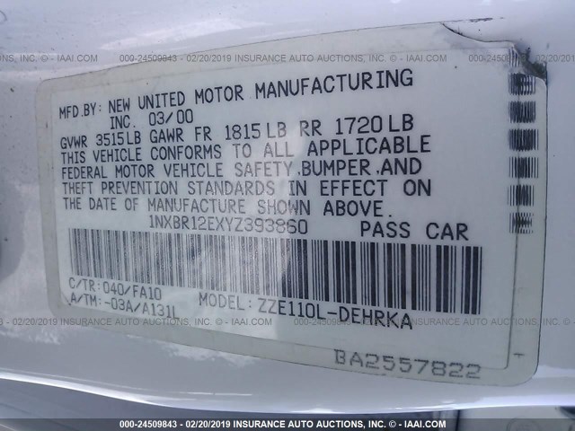 1NXBR12EXYZ393860 - 2000 TOYOTA COROLLA VE/CE/LE WHITE photo 9