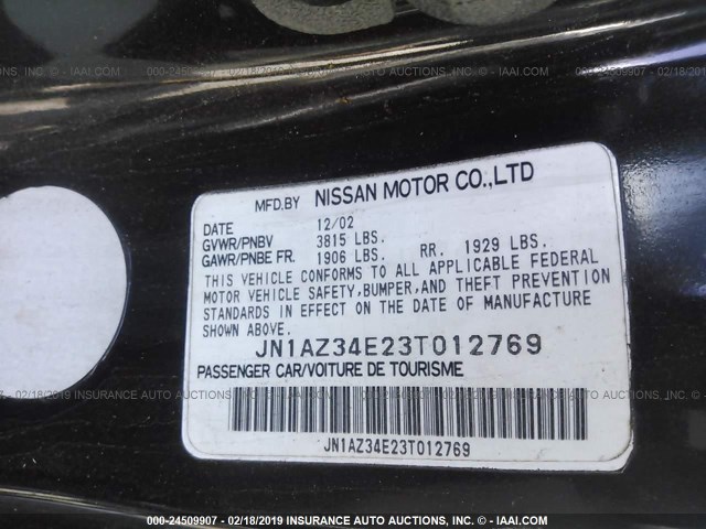 JN1AZ34E23T012769 - 2003 NISSAN 350Z COUPE BLACK photo 9