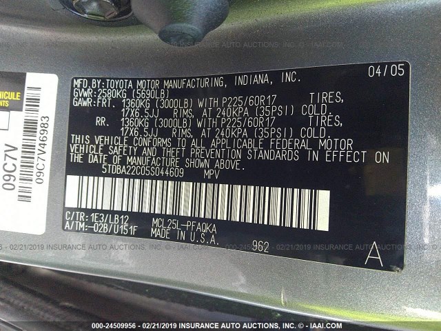 5TDBA22C05S044609 - 2005 TOYOTA SIENNA XLE/XLE LIMITED GRAY photo 9