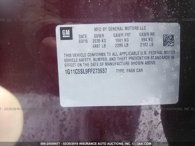 1G11C5SL9FF273937 - 2015 CHEVROLET MALIBU 1LT 勃艮第红 照片 9